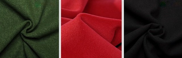 vlevo: flauš 20% Polyester, 30% Viskoza, 50% Vlna, uprostřed: flauš 70% vlna, 20% akryl, 10% moher, vpravo: umělý flauš 10% Viskoza, 90% Polyester